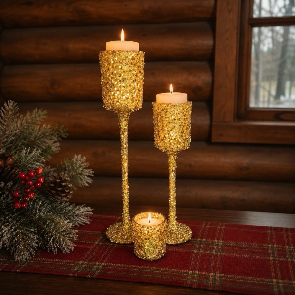 Colin Cowie Gold Glitter Candle Holder Set of 3 Wine Glass Style Christmas Decor